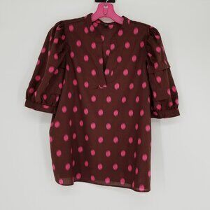 Ann Taylor Petite L Puffed Sleeve Lightweight Blouse w/ Abstract Pink Polka Dots